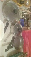 Group of 3 stainless non-stick pans with two