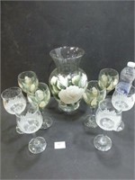 Painted Vase & 4 Wine Glasses / 4 Glass Wine