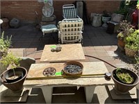 4 foot marble bench with two pots