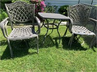 4 CAST ALUMINUM CHAIRS AND SIDE TABLE