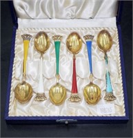 Boxed set six Danish silver & enamel coffee spoons