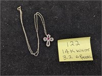 14k White Gold 3.2 Diamond & Ruby Cross Necklace