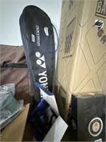 Badminton, racket, and case also fishing rod reel