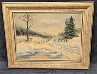 Vintage J Menard Framed Oil On Canvas Snow Road
