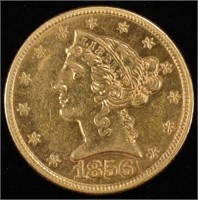 1856 $5 GOLD LIBERTY CH BU, OLD CLEANING