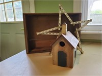 Americana birdhouse, folding ruler, fruit crate