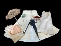 4 Antique Doll Umbrellas & Assorted Clothing Items