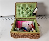 Vintage Woven Sewing Basket W/ Contents