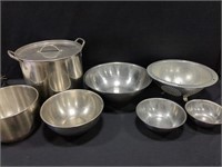 Stainless steel pot, bowls, colander
