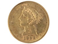 1892-S $5 Gold Half Eagle NGC AU58