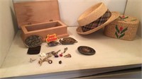 Cedar box, belt buckles, straw hat, cufflinks