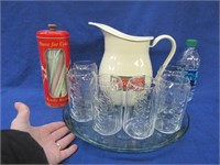 coca-cola enamelware pitcher -glasses -tray -straw