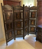 CARVED & FIGURAL DECORATED 4- PANEL INDIAN SCREEN