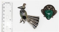 (2) JADE AZTEC STERLING PINS