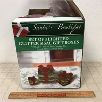 SET OF 3 LIGHTED SISAL GIFT BOXES CHRISTMAS DECOR