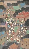 LARGE ASIAN PAINTING VILLAGE FESTIVAL