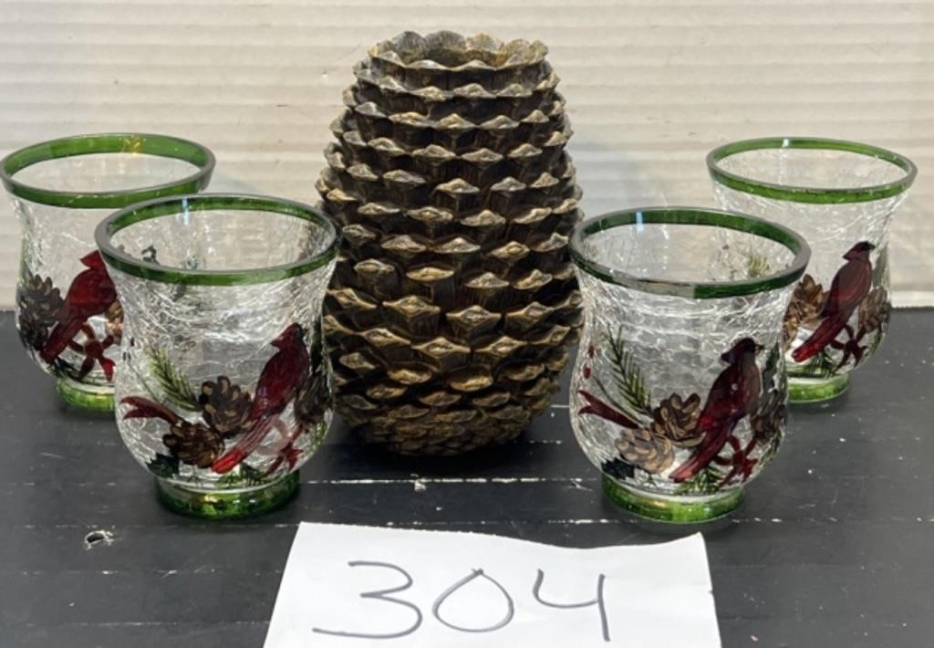 Cardinal / pine cone candle holder decor