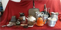 Coffee grinder, vintage grater, spoons, teapots,