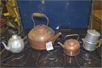 Copper tea kettles, teapot, coffee pot