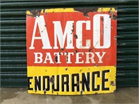 Amco battery enamel sign appears to be cut apprx