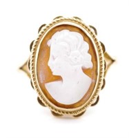 Carved cameo set 9ct yellow gold ring