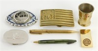 Lot of Vintage Belt Buckles, Money Clip, and Pens