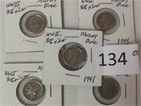 Lot of 5 Mercury Silver Dimes, WW II 1941, 42,