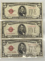 3 - $5 notes 1928C, 1928E, 1928F red seal