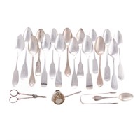 Assorted coin and sterling silver spoons