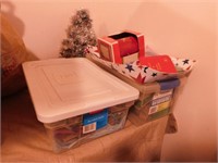2 small totes w/ lids - Christmas ribbon & bags -