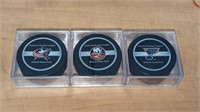 3 Various Official NHL Hockey Pucks in Case