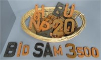 Basket with 40+ wood letters and a few numbers.