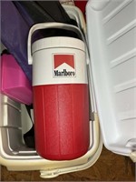 COOLER WITH MARLBORO THERMOS AND BLEACHER CUSHIONS