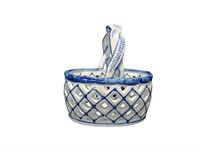 Blue and White Open Weave Ceramic Basket Planter