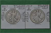 2 - 1917-D Walking Liberty Half Dollars