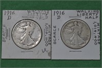 2 - 1916-D Walking Liberty Half Dollars