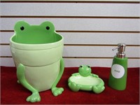 Frog trash can, soap dish, soap dispenser.