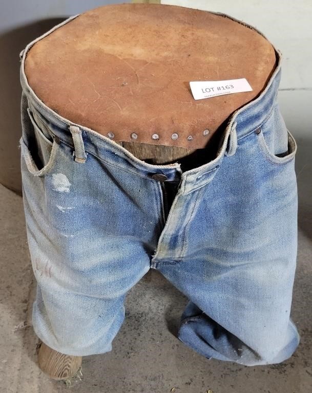 ANTIQUE WOODEN STOOL WITH JEANS ATTACHED