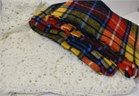 Vtg Plaid Wool Blanket and White Crochet Afghan