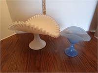 White ruffled edge glass fruit bowl & blue