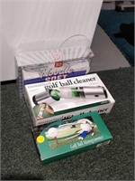 lot of golf balls and golf ball cleaner