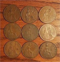 9 pièces de 1 penny d'Angleterre 
1921, 1922,
