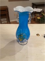 Blue Glass ornate vase- tiny chip at base