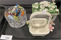 Blown Glass Candies, Ceramic Floral Baskets.