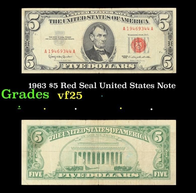 1963 $5 Red Seal United States Note Grades vf+