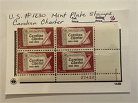 1230 MINT STAMP BLOCK CAROLINA CHARTER W PL#