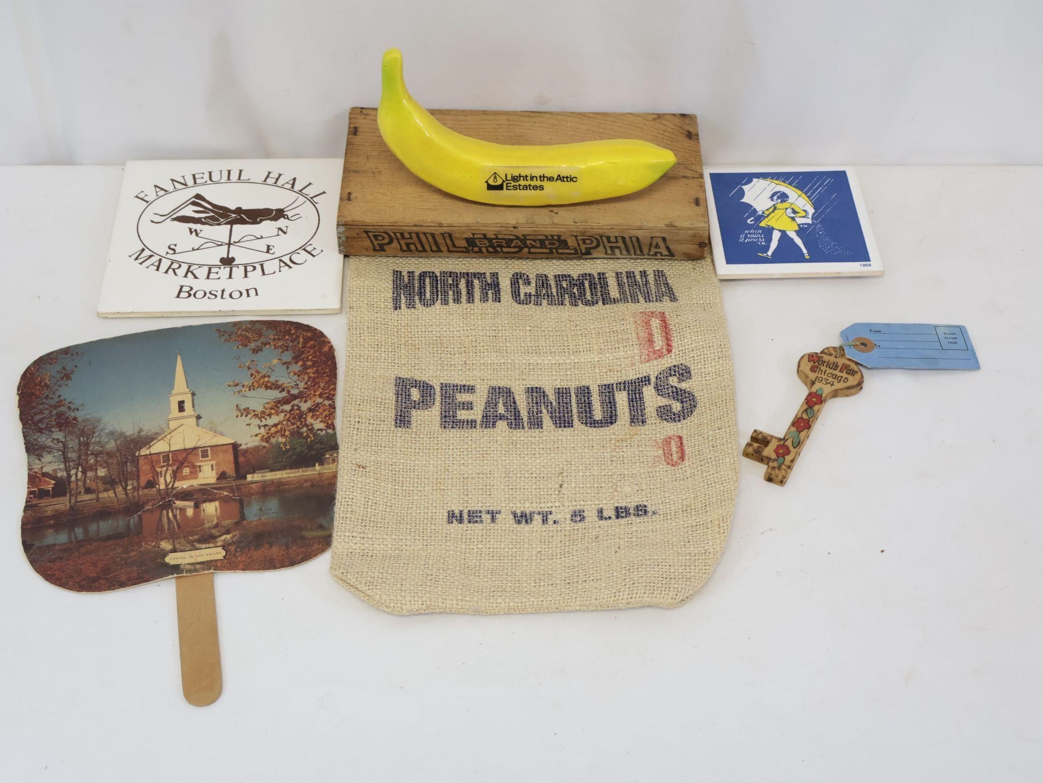 Vintage Trivets, Church Fan, Peanuts bag +