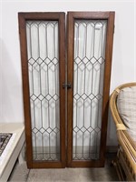 ANTIQUE OAK FRAME LEAD GLASS DOOR PANELS