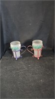 2 Vtg Soda Fountain Cola Glasses in Metal Holders