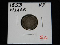 1853 Seated Liberty Dime w/arrows VF